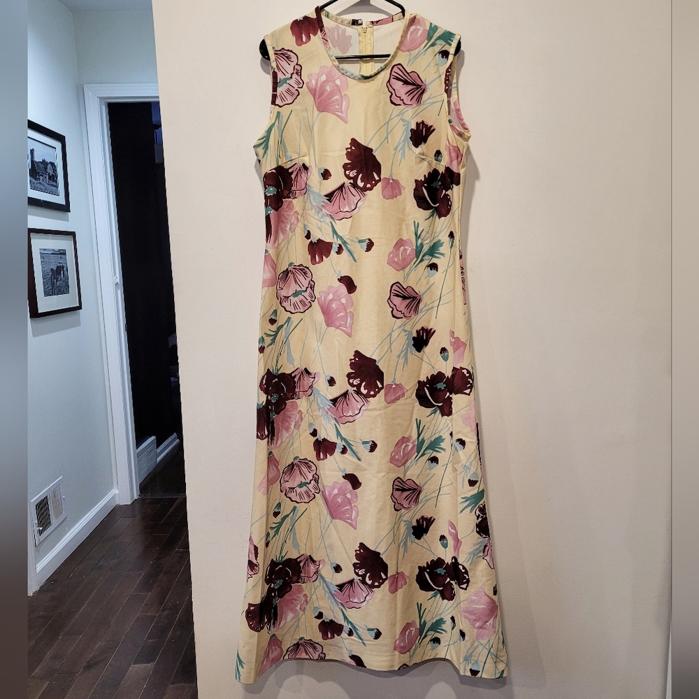 💕 Vintage 1970s plum, ivory, funky floral maxi dress gown